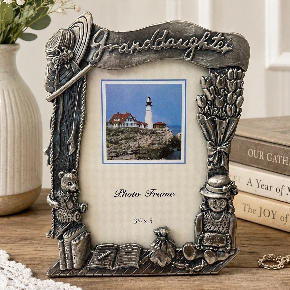 Perfect Granddaughter Photo Frame 3.5x5 Silver Pewter Bear Doll Books Vintage